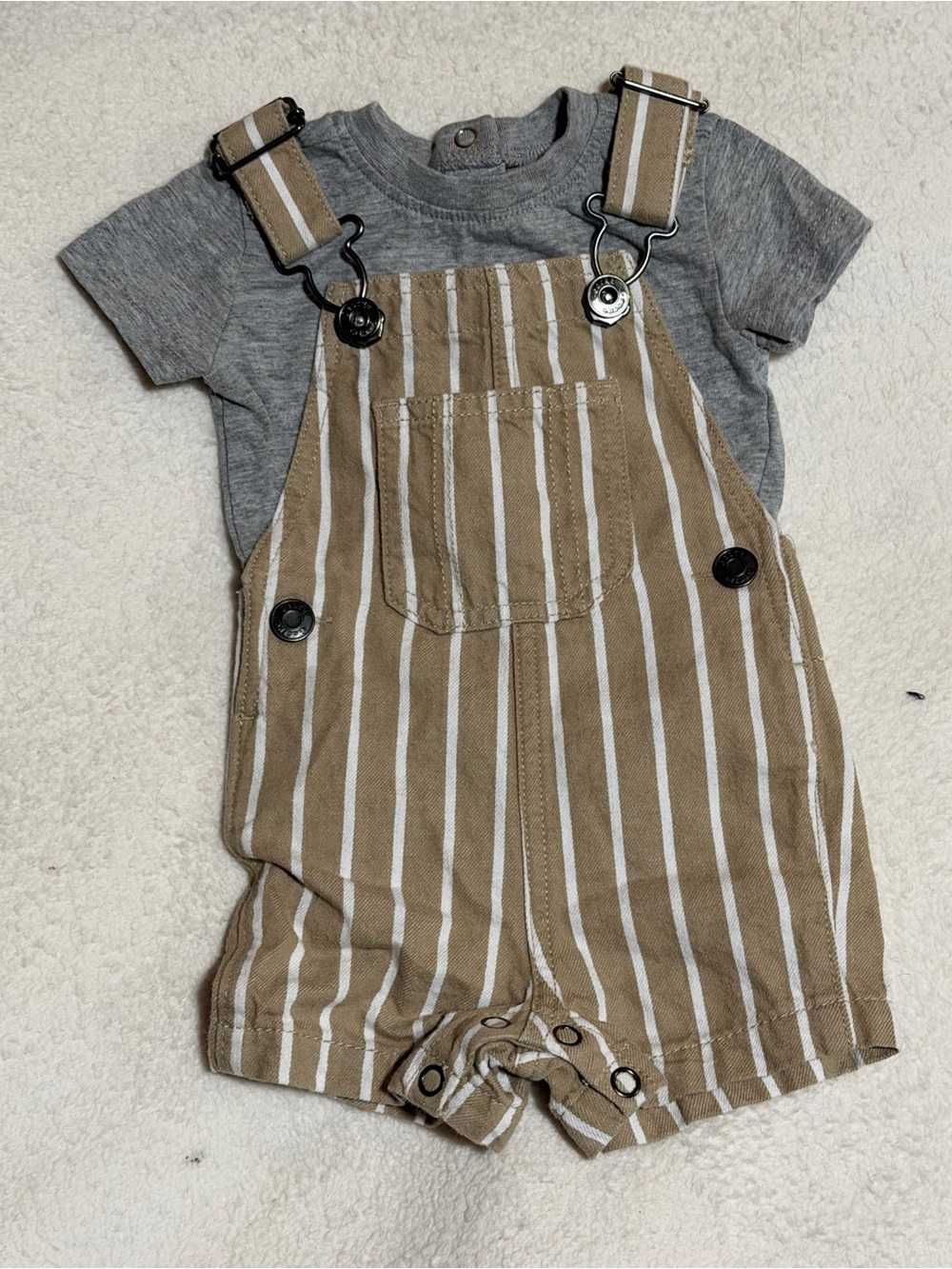 George Tan & White Striped Overalls with Grey Tee